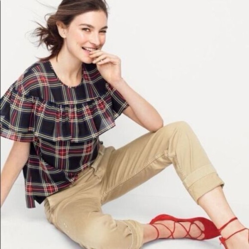 J. Crew Edie Stewart Tartan Plaid Ruffle Top Blouse Flutter office classic Small